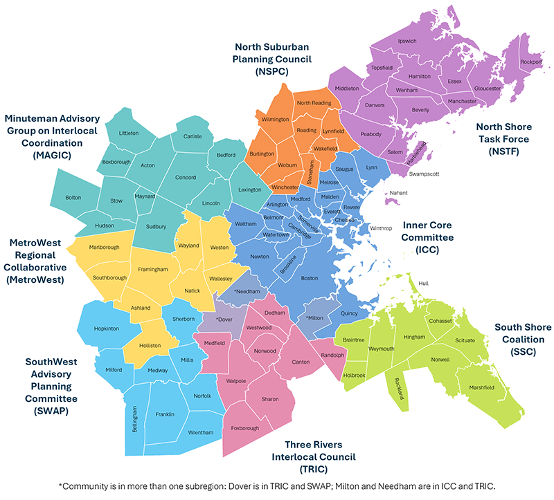 A map showing the eight subregions of the Boston area MPO, with municipal boundaries highlighted. The Inner Core Committee (ICC) represents the central area around Boston. The MetroWest Regional Collaborative (MetroWest) covers the west-central region. The North Shore Task Force (NSTF) is located in the northeast, while the Minuteman Advisory Group on Interlocal Coordination (MAGIC) represents the northwest. The Three Rivers Interlocal Council (TRIC) is in the south-central region. The SouthWest Advisory Planning Committee (SWAP) is in the southwest, the North Suburban Planning Council (NSPC) is in the north-central region, and the South Shore Coalition (SSC) covers the southeast.